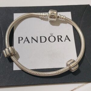 Pandora Sterling Silver 7" Snakechain Starter Bracelet w/  2 Ribbed Clips 790163